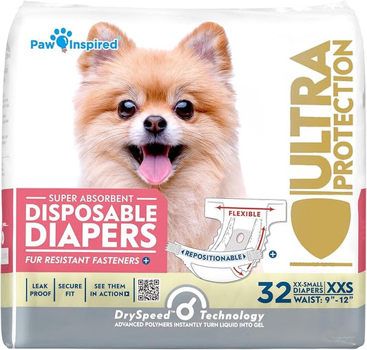 Paw Inspired Disposable Dog Diapers, Female Dog Diapers Ultra Protection, Diapers for Dogs in Heat, Excitable Urination, or Incontinence, XXS 32 Count