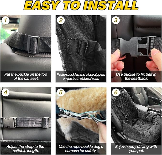 Dog Car Seat for Small Medium Dogs Up to 40lbs, Detachable Washable Soft Pet Booster Travel Bed for Front & Black Seat with Safety Leash Belt