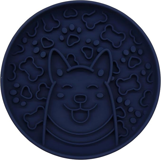 Silicone Dog Slow Feeder Bowl, Non-Slip Suction Cup Design, Puppy Pattern Eating Slowly and Funny,Applicable for All Dogs (Navy Blue)