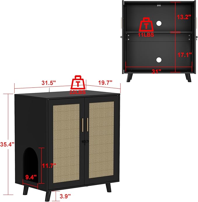 Lovinouse Large Cat Litter Box Enclosure,Hidden Kitty Litter Furniture with Sisal Covered Doors,2-Layer Wooden Cat Washroom Cabinet w/Adjustable Shelf, Side Table for Living Room,Black