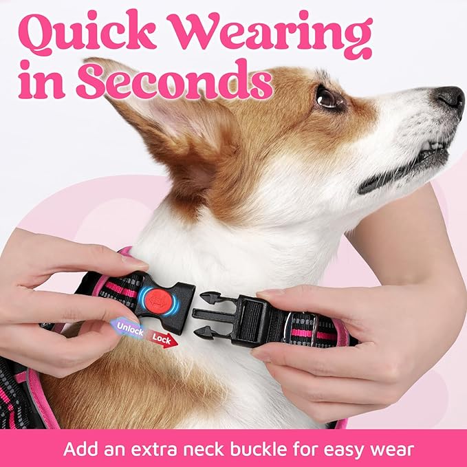 rabbitgoo Dog Harness for Large Dogs, No Pull Pet Vest with 3 Buckles, Adjustable Soft Padded Pet Harness with Easy Control Handle and Reflective Strips, Black & Rose Pink, XL