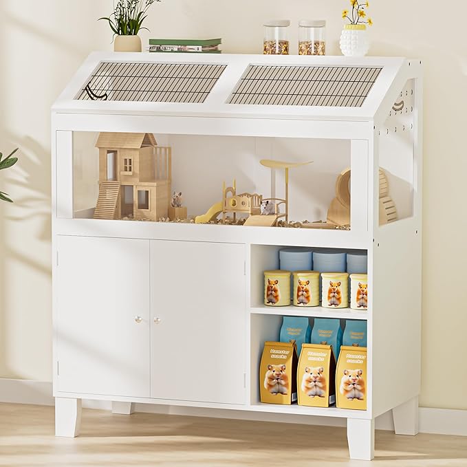 Hamster Cage, Large Hamster Cage with Storage Cabinet, Large Habitat with Easy View Acrylic Panels, Wooden Small Animal Cages for Guinea Pigs, Rabbits, Gerbils, Hedgehogs, White