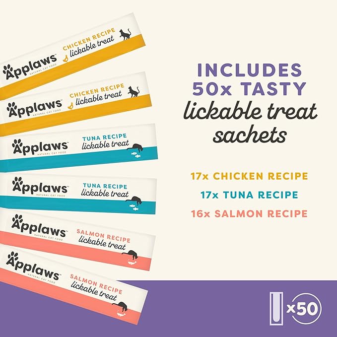 Applaws Lickable Cat Treats, Natural Grain-Free Purée, Limited Ingredient Variety Pack with Chicken, Tuna & Salmon Squeeze Up Treats (50 x 0.5oz Sachet Tub)