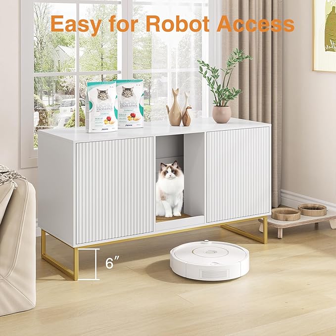 Litter Box Enclosure for 2 Cats, Fluted Hidden Cat Litter Box Furniture with Scratch Pad and Metal Legs, Modern Double Room Kitty House for Living Room, Washroom, 47.2”L x 17.7”W x 25.9”H, White