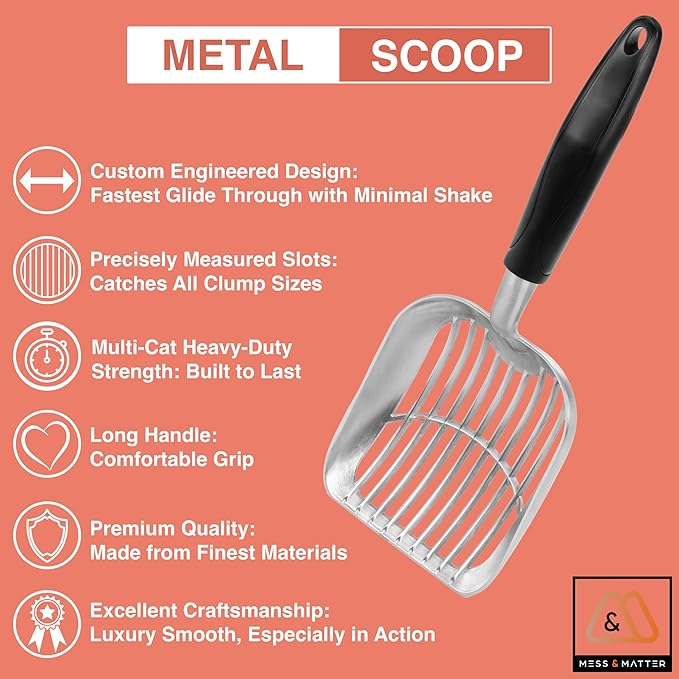 Heavy Duty Full Metal Cat Litter Scoop with Holder - Speed Sifter Litter Box Scooper Captures All Clumps - Kitty Litter Sifting Shovel Comfy Handle - Cat Scooper Includes Litter Bags & Non-Slide Clip
