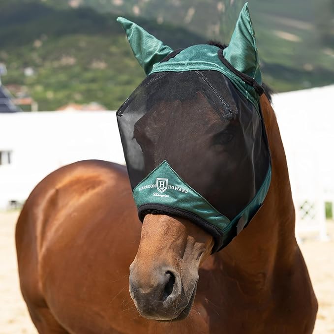 Harrison Howard Pro Luminous Horse Half Face Fly Mask Large Eye Space with Ears UV Protection for Horse Hunter Green S