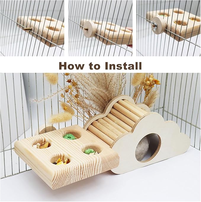 Hamster Cage Accessories, Wooden Feeding Dish with 4 Sections, Wooden Feeder for Small Animals, Food Bowl for Hamster, Guinea Pig, Chinchilla, Rat