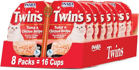 INABA Twins for Cats, Grain-Free Shredded Chicken & Broth Gelée Side Dish Cups, Tuna & Chicken Recipe, 1.23 Ounces per Serving, 19.68 Ounces Total (16 Count)