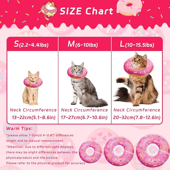 Cat Cone Collar Soft, Adjustable Cat Recovery Collars Spay Cones to Stop Licking, Cute Donut E Collar After Surgery, Anti-Lick Wound Healing Elizabethan Collar for Kittens (Donut Pink, Small)