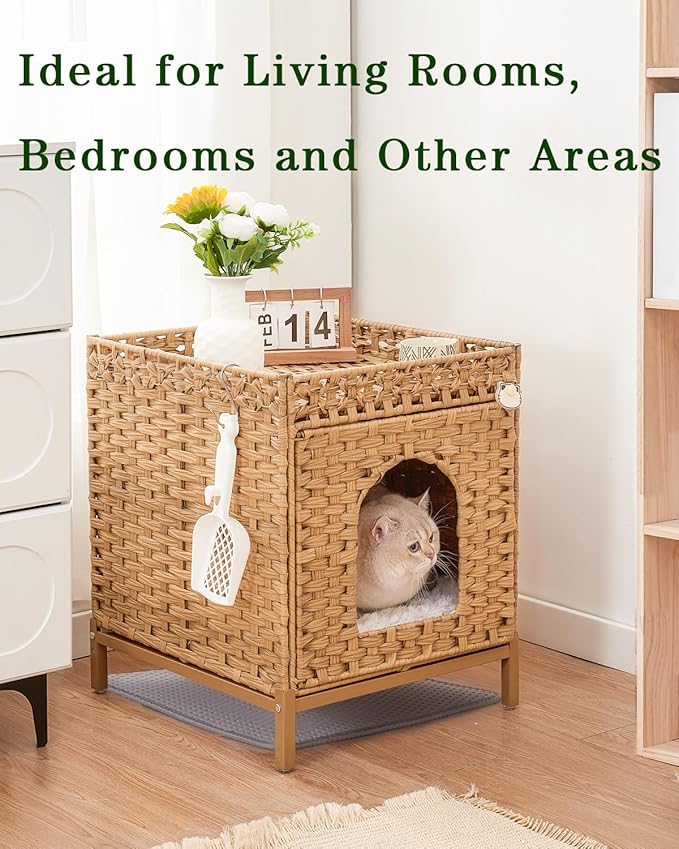 Cat Litter Box Enclosure Hidden Litter Box Furniture with Metal Heightened Feet, Rattan Handwoven Cat House with Litter Mat, Hidden Litter Box Furniture for Bedroom Living Room Natural