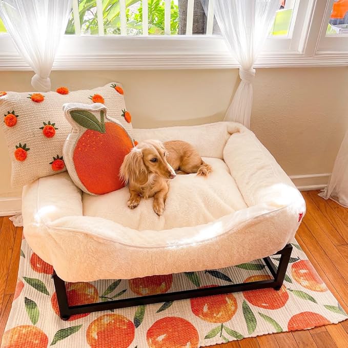 FUZI Luxury Aesthetic Dog Bed for Medium Dogs with Washable Cover, Pet Couch, Pet Bed with Sides, Non-Slip Bottom, Soft and Durable Calming Dog Bed, Faux Rabbit Fur, Medium 31.75x23.6x9.5 Soft White