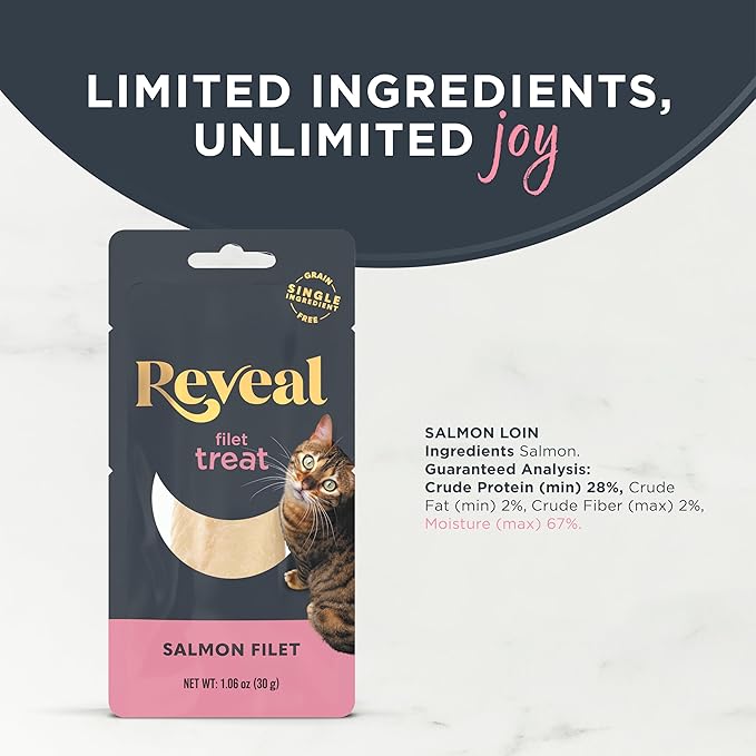 Reveal Natural Cat Treats, 6 Count Single Ingredient Treat for Cats, Grain Free, Whole Salmon Loin, 1.06 oz Bags