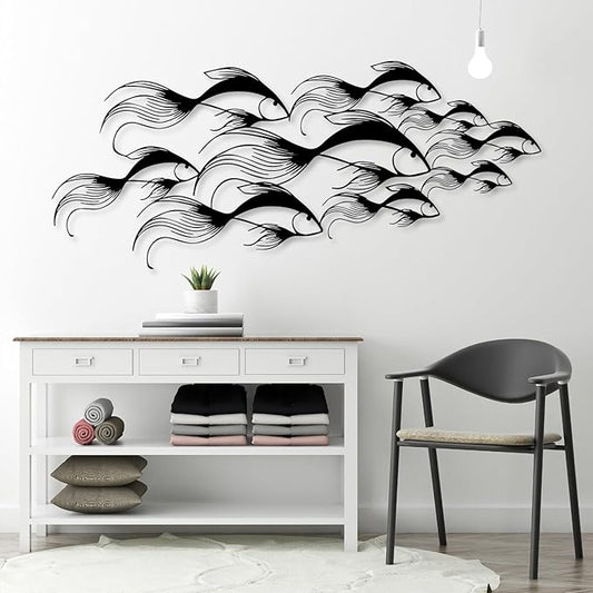 School of Fish Metal Wall Art, Metal Fish Wall Decor, Sea Life Wall Art, Large Nautical Wall Hanging, Modern Beach House Wall Decor, Ocean Themed Artwork for Bathroom (Black, 35"x15" | 90x38cm)