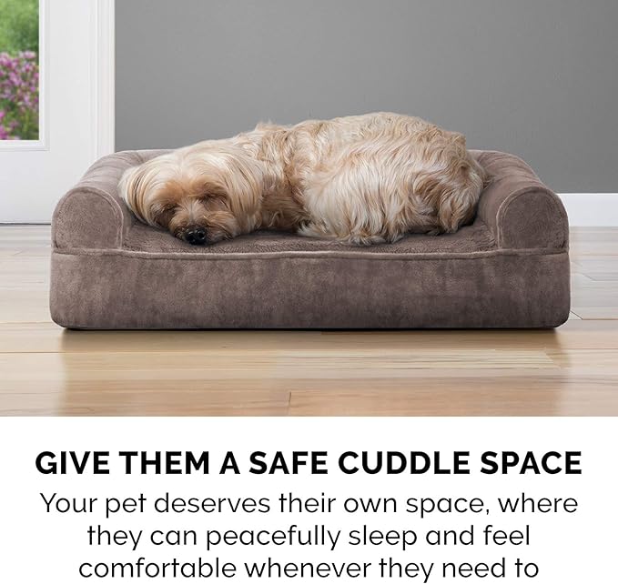 Furhaven Orthopedic Dog Bed for Large Dogs w/ Removable Bolsters & Washable Cover, For Dogs Up to 125 lbs - Faux Fur & Velvet Sofa - Driftwood Brown, Jumbo Plus/XXL