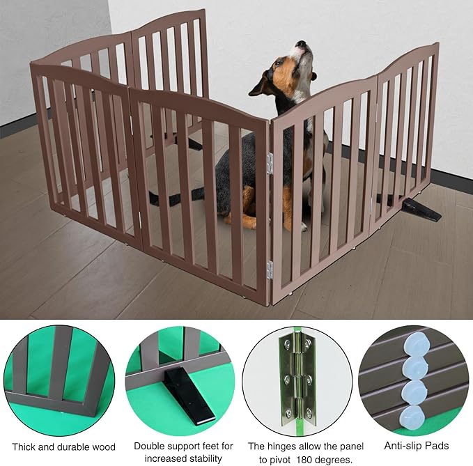 ZJSF Foldable Freestanding Indoor Dog Gate for House Wood Long Pet Gates Dog Fence for Stairs Puppy Gates for Hallways, Puppy Gate,Support Feet Included, Brown, 32 "Height-6 Panels