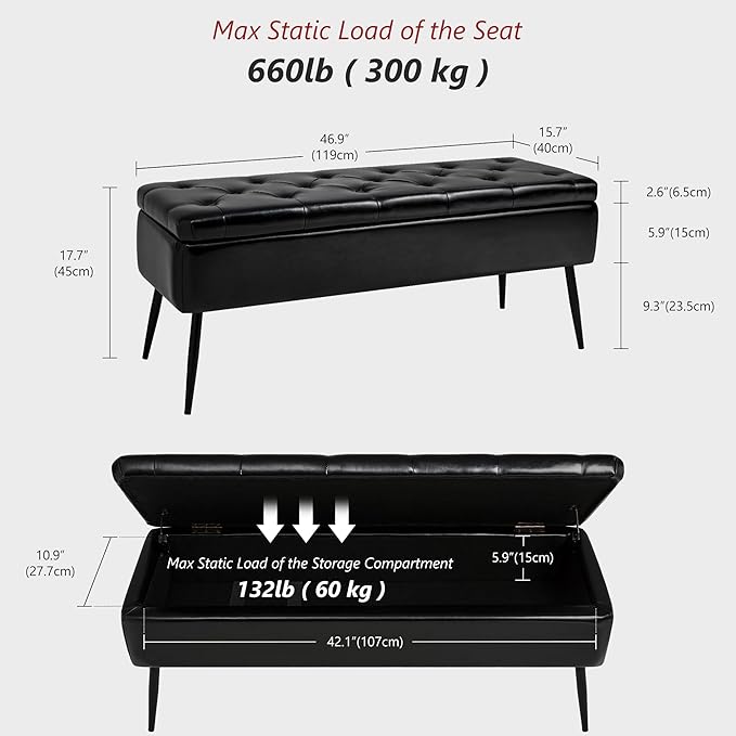 Leather Storage Ottoman Bench,End of Bed Bench for Living Room Bedroom Dinning Room Entryway,Mid-Century Modern,Faux Leather,with Steel Legs,Safety Hinges, Loads 660 lb (with Button, Black)