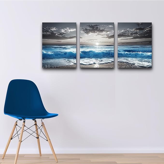 TTHYUEWS Black And White Beach Pictures Large Wall Decor For Living Room Canvas Wall Art For Bedroom Modern Office Decorations Blue Sea Wave Ocean Paintings Artworks Canvas Art Home Decor 3 Pieces