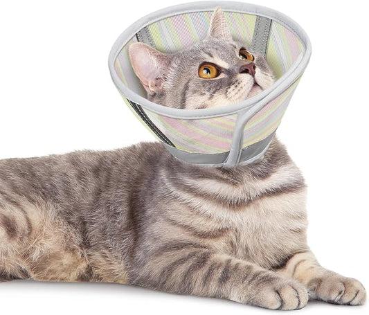 Cat Cone Collar Soft to Stop Licking Scratching, Comfortable Mesh Recovery Kitten Head After Surgery, Lightweight Waterproof Foldable Pet Cone, Donut Cone Alternative (Rainbow, L)