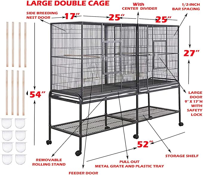 54" Large Double Birdhouse Breeder Bird Flight Cage with Center Divider Side Breeding Nest Doors Removable Rolling Stand (51" Length x 17" Depth x 54" Height, White Vein)