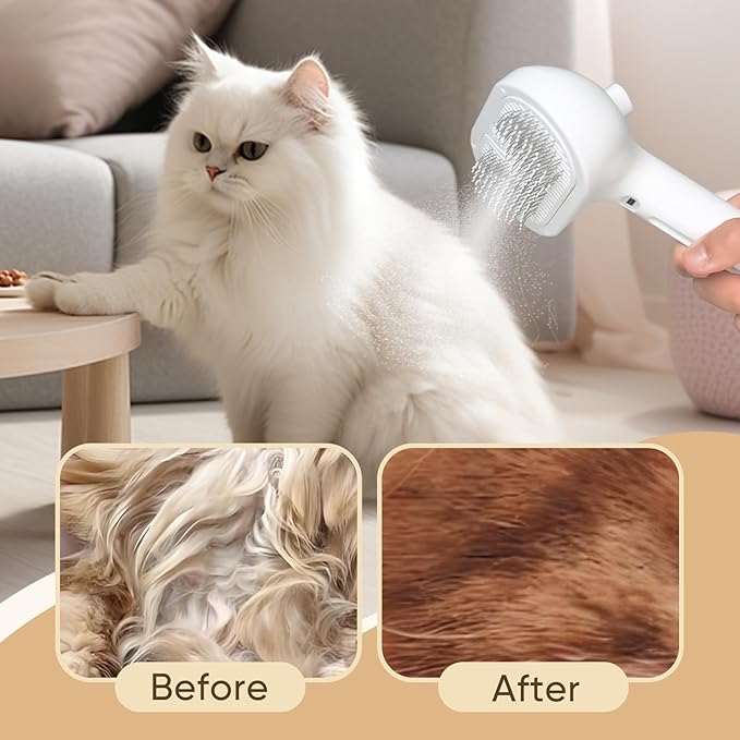 3-in-1 Cat Steam Brush – Pet Grooming & Shedding Comb with Gentle Steam Spray, One-Click Hair Release, for Long & Short Hair Cats & Dogs (White)