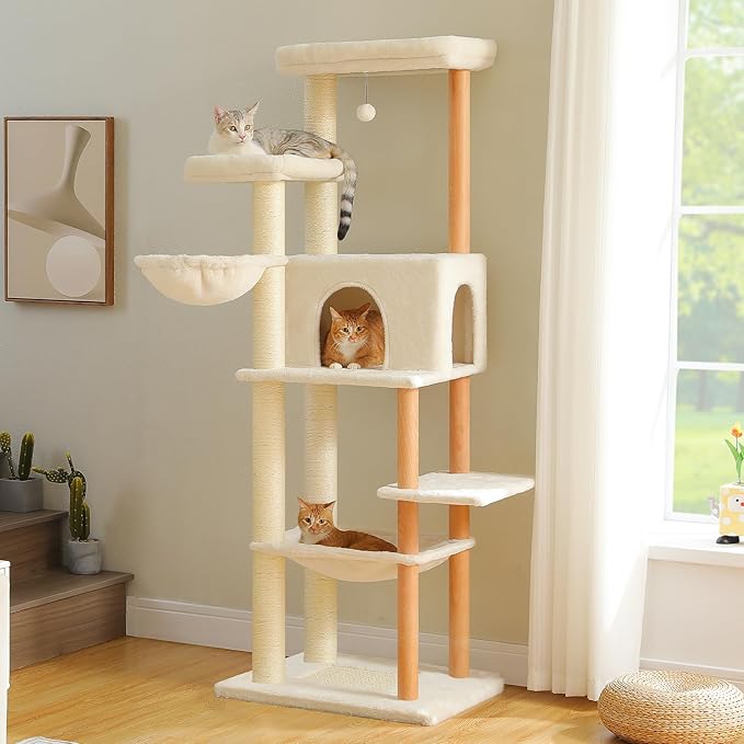 PAWZ Road Large Cat Tree, 73 Inches Tall Wooden Cat Tower with 2 Spacious Hammocks,2 Big Top Beds,8 Fully Scratching Posts and Natural Wood Posts, Multi Cat Tree for Indoor Cats Large Adult-XL