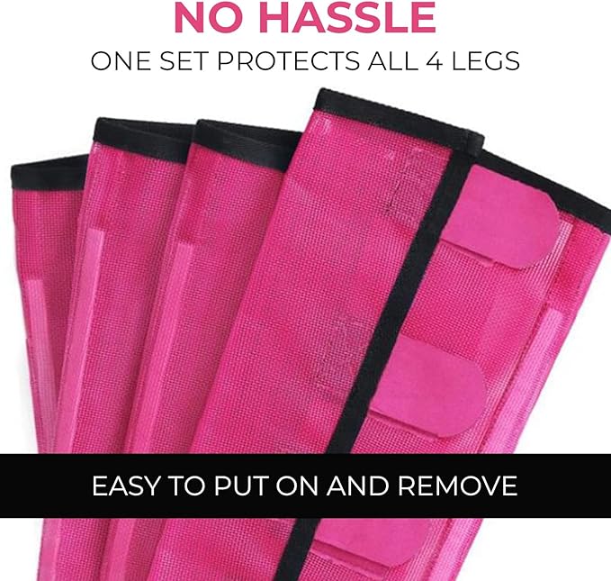 Mesh Horse Fly Boots Set of 4，Adjustable and Universal Loose Fitting & Non-Slip Horse Fly Leggings for Horses,Reduce Stressful Stomping (Pink)