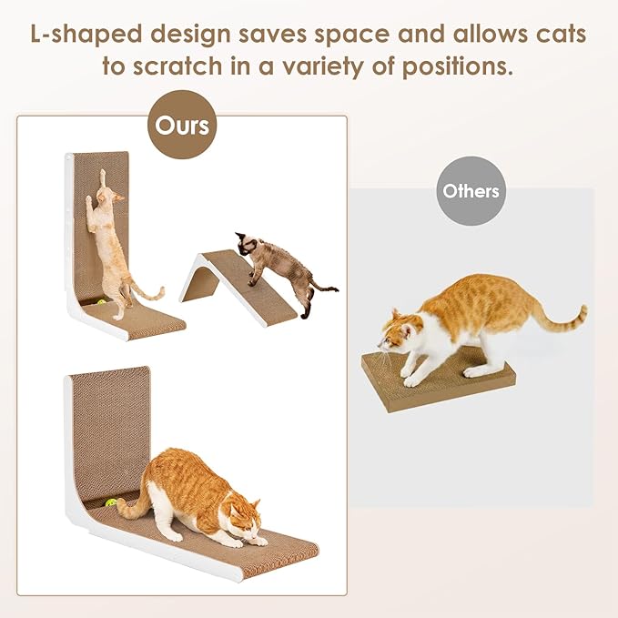 EHEYCIGA Cardboard Cat Scratcher for Indoor Cats, 32 Inch L Shaped Vertical Cat Scratching Board with Ball Cat Toy, Extra Large Cat Scratcher Pad, White