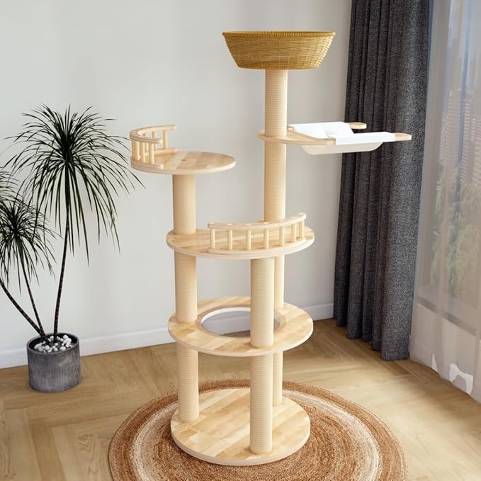 Modern Wood Cat Tree for Large Cats,Luxury Rattan Oak Cat Trees Towers，Rattan Cat Tree with Capsule &Hammock，3 Weaving Cat Nests & Washable, Sisal Scratching Posts, for Indoor Cats, (Large 02)