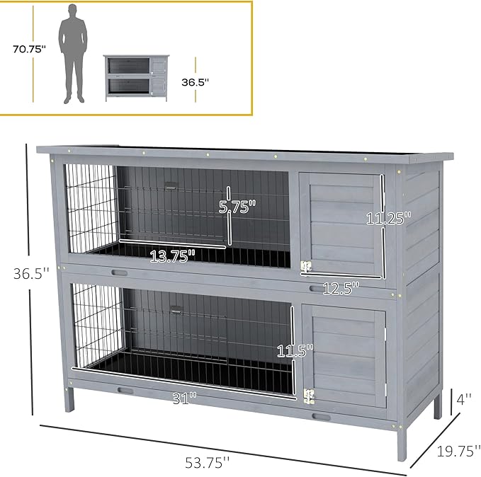 PawHut 54" 2-Story Large Rabbit Hutch Bunny Cage Wooden Pet House Small Animal Habitat with Lockable Doors, No Leak Tray and Waterproof Roof for Outdoor/Indoor Grey