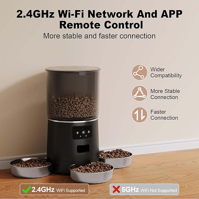 3-Cat Automatic Pet Feeder, 6L WiFi Cat Food Dispenser with APP Control, 1-10 Meal Programmable, Voice Recorder, Smart Alerts, Stainless Steel Bowls for Cats and Small Dogs (Black)