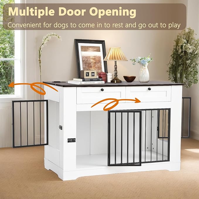 Large Dog Crate Furniture-Decorative Heavy Duty Dog Cage Indoor, Wooden Dog Cage End Table with Charging Station, Dog House with 2 Drawers (White, 47.2''L)