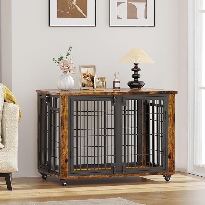 EasyCom 90% Pre-Assembled 33" Small and Meidum Dog Kennel Indoor Furniture, Wooden Dog Crate Furniture with Top-Access Teasing/Feeding Doors, for Medium and Small Breed, with Wheels Moveable