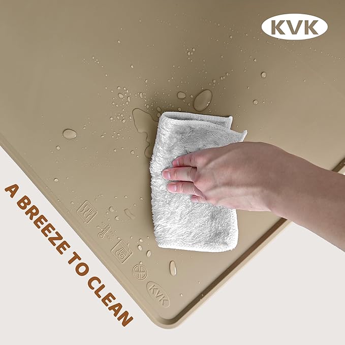 KVK Extra Extra Large Silicone Dog Food Mat 39.4×43.3in and 128oz Silicone Bag Set, Super Size Waterproof Pet Feeding Mat & Container, Non-Slip, Chew-Resistant Floor Protection (Taupe&Orange)