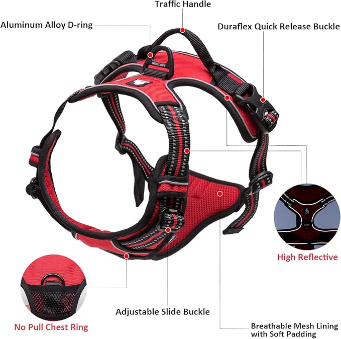 TRUE LOVE Adjustable No-Pull Dog Harness Reflective Pup Vest Harnesses Comfortable Control Brilliant Colors Truelove TLH5651(Red,XL)