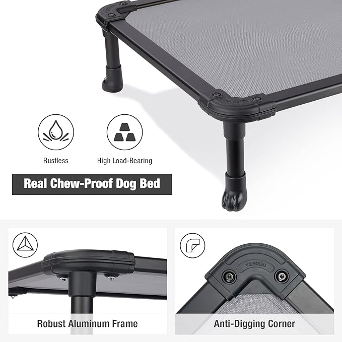 Veehoo Chew Proof Elevated Dog Bed - Cooling Raised Pet Cot - Rustless Aluminum Frame and Durable Textilene Mesh, Unique Designed No-Slip Feet for Indoor or Outdoor Use, Grey, X-Large, CWC2002
