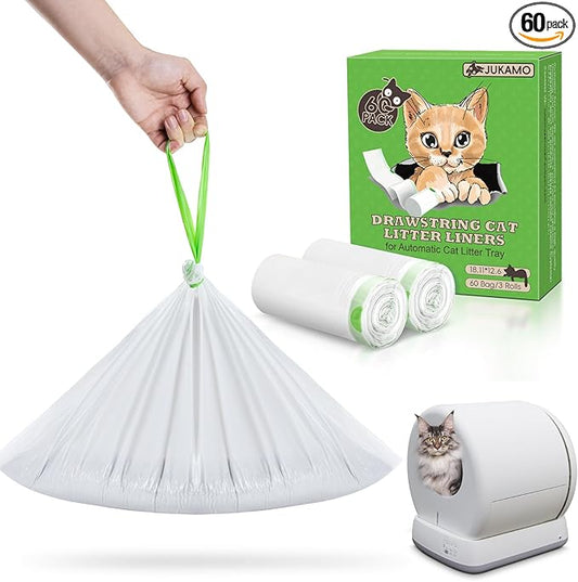 60 Pack Cat Litter Box Liners for Meo Want SC01, MW-SC02, MW-LR01,1.5 Mil Thick Drawstring Heavy Duty Leak-proof Disposable Smart Self-Cleaning Litter Box Robot Waste Drawer Trash Bags 18" x 12.6"