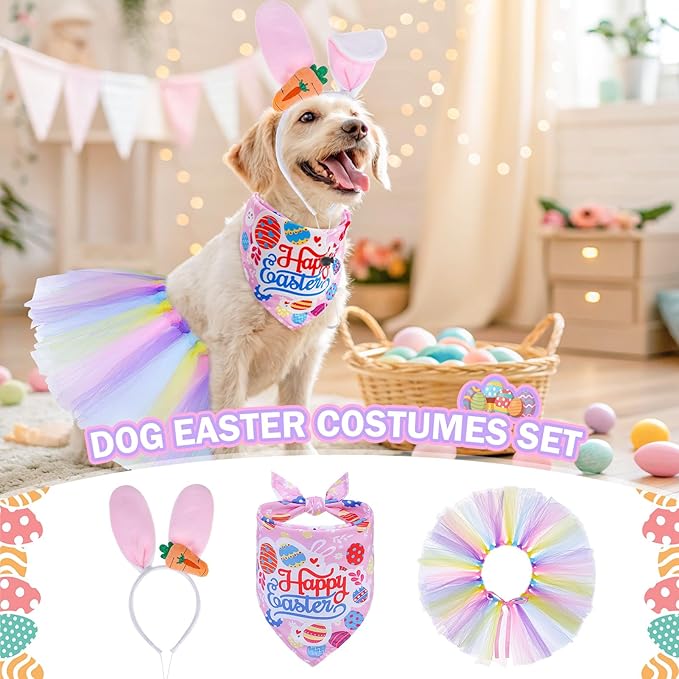 SCENEREAL Easter Dog Bandana Outfit with Cute Bunny Ears Headband and Tutu Dress, Puppy Holiday Costume Accessory, Pink Eggs Rabbit Prints Scarf Pet Birthday Party Supplies for Small Medium Dogs Cats