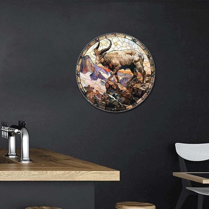 Lygond Metal Sign Tin Sign Circular Stained Glass Mountain Goat Vintage Sign For Club 8×8 Inches