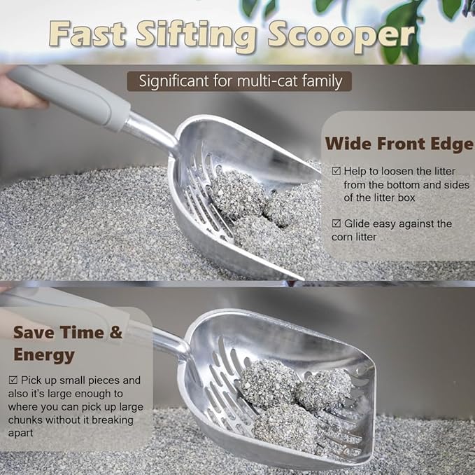 Metal Cat Litter Scoop with Holder, Aluminum Cats Litter Scooper Captures All Clumps, Heavy Duty Metal Kitty Scoopers with Holder, Cat Metal Scoop and Holder (Black)