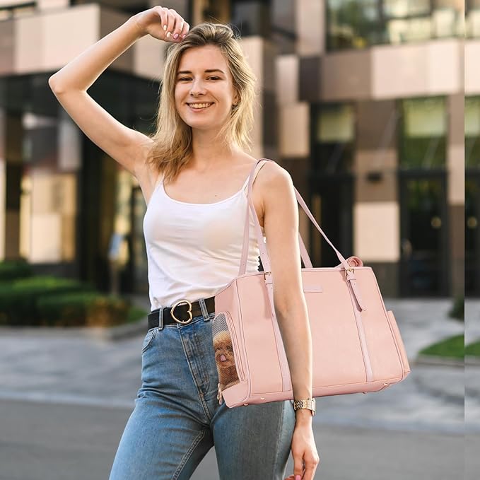 Fashion Dog Purse Pet Carrier Leather Bag for Small Dogs Cats Puppy, Portable Tote Bag Airline Approved Soft-Sided Carriers (Pink)