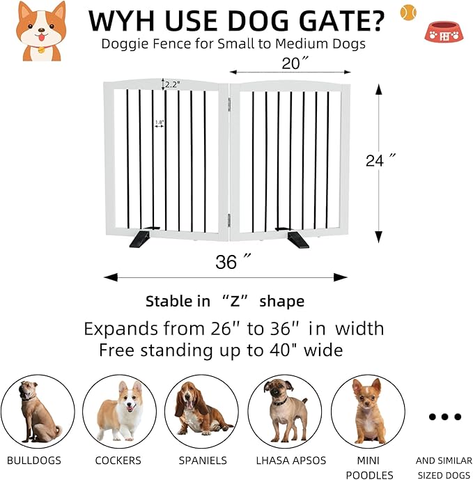 ZJSF Freestanding Foldable Indoor Dog Fence for Stairs Wood White Long Pet Gates for Dogs, Dog Gates for Hallways,Puppy Gates for House Support Feet Included 24 "Height-2 Panels