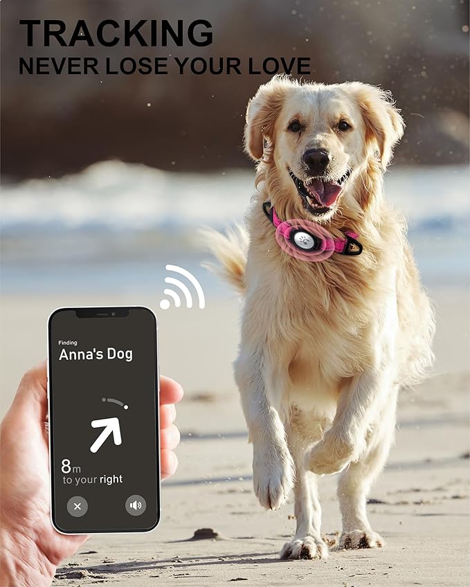 TagME Airtag Dog Collar,Waterproof Reflective Pet Collar with Airtag Holder,Soft Padded and Double D-Rings for Large Dogs,Hot Pink