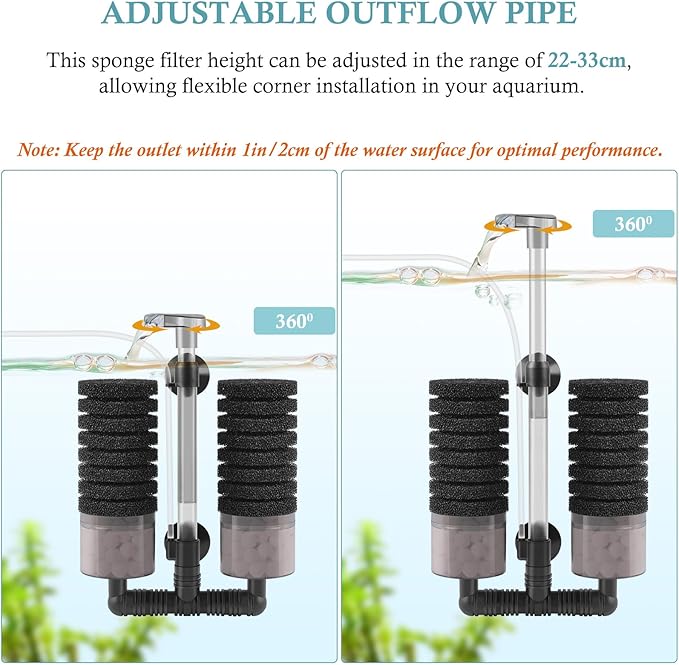 Air Powered Aquarium Sponge Filter with Biochemical Sponge and Ceramic Balls, Quiet Submersible Fish Tank Filter for 15-40Gallon （L-8.7in）
