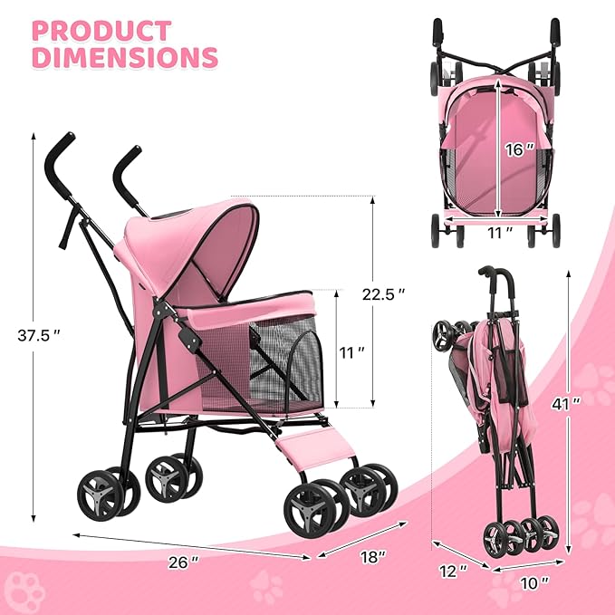 Magshion Compact Pet Stroller for Small-Medium Dogs/Cats up to 22lbs, 4-Wheel Lightweight Umbrella Shaped Portable Puppy Travel Jogger with Breathable Mesh & Rear Storage, Pink