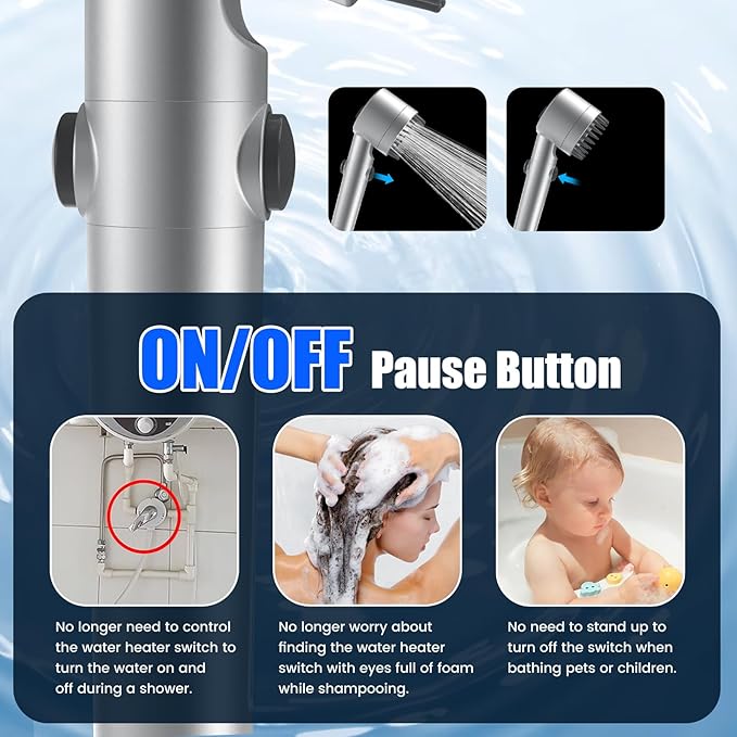 Filtered Shower Head with Handheld, High Pressure Water Flow and Multiple Spray Modes Shower Head with Filter, Power Wash for Hard Water, Showerhead with ON/OFF Switch for Pets Bath (Silver)