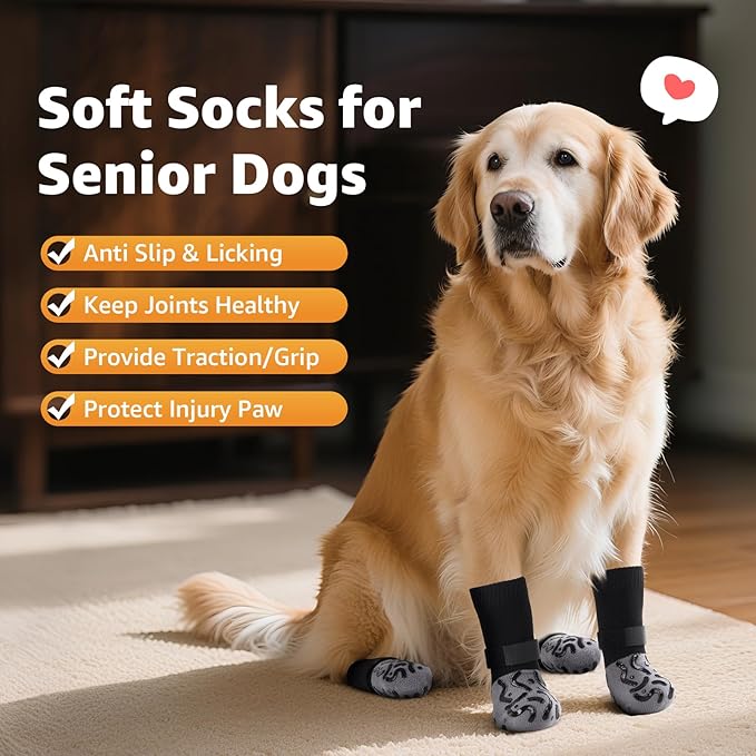 Double Sides Non-Slip Dog Socks to Prevent Licking Paws - Strong Traction for Hardwood Floors, Senior Dogs, Paw Protector, Dog Socks with Grippers - Black