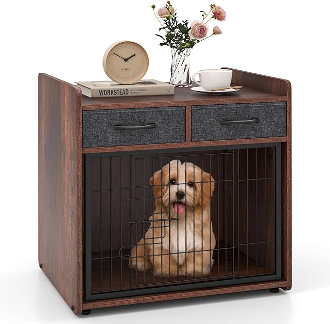 PETISITE Wooden Dog Crate with Lockable Door, Adjustable Foot Pads, 2 Fabric Drawers, Indoor Kennel Side Table for Small & Medium Dogs, 24.5 x 19.5 x 25 in