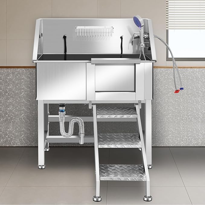 Professional Dog Washing Station, Stainless Steel Dog Bathing Station, Dog Wash Station, Storage Drawer, Upgrade Parts, Home, Commercial,34" R-RAMP