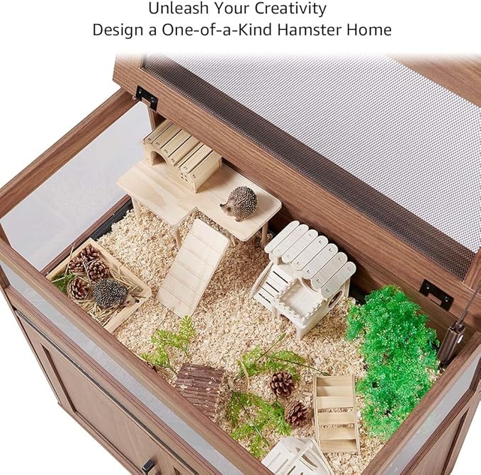 unipaws Hedgehog Cage with Storage Cabinet, Hamster Cage for Rat and Guinea Pigs, Clear Transparent PVC Visual Small Animal Cage with Tray, Hamster Enclosure, Walnut