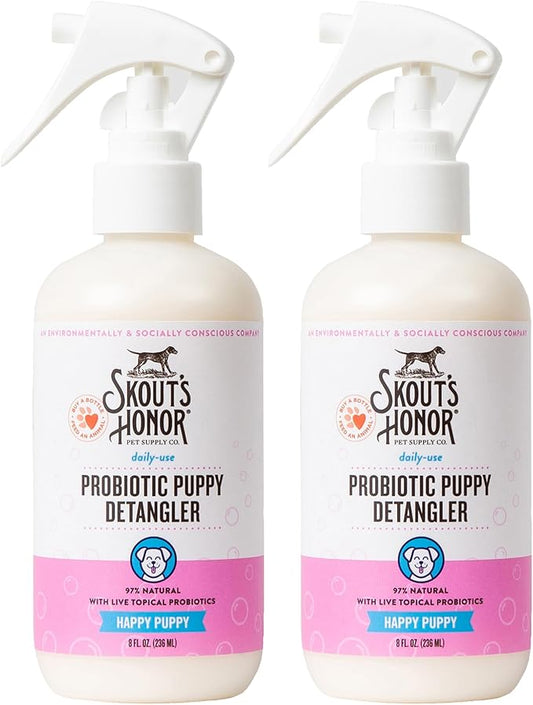 Skout's Honor Pet Detangler Spray - Hydrating & Conditioning with Avocado Oil & Probiotics, 97% Natural, Paraben & Sulfate-Free, softens for a More brushable Coat, Daily Use, 8oz, Happy Puppy, 2-Pack